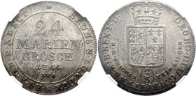 BRAUNSCHWEIG - CELLE / CALENBERG. Georg III., 1760 - 1820. 24 Mariengroschen (2/3 Taler oder Gulden) (12.99g). 1764 IWS, Clausthal. Wertangabe, Jahres...