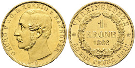 BRAUNSCHWEIG - CALENBERG - HANNOVER. Georg V. 1851-1866. Krone (11.11g). 1866 B, Hannover. Kopf nach links, im Halsabschnitt vertiefte Signatur BREHME...