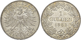 FRANKFURT AM MAIN, Stadt. Gulden (10.57g). 1862, Frankfurt am Main. Frankfurter Adler nach halblinks / Wertangabe und Jahreszahl, umgeben von Eichenkr...