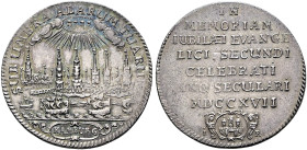 HAMBURG, Stadt. 1/2 Reichstaler (14.45g). 1717 IR, Hamburg. Auf die 200-Jahrfeier der Reformation. Stadtansicht mit Hafen, im Vordergrund Schiffe, im ...