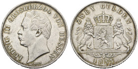 HESSEN-DARMSTADT. Ludwig III., 1848 - 1877. Doppelgulden (21.25g). 1853, Darmstadt. Kopf nach links, darunter Signatur C.VOIGT / Gekrönter Wappenschil...