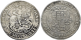 MANSFELD - VORDERORT - EISLEBEN. Johann Georg I., Johann Albrecht und Bruno, 1573 - 1576. Reichstaler (28.09g). 1577 CG, Eisleben. Mit dem Titel von K...