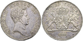 NASSAU. Wilhelm, 1816 - 1839. Kronentaler (29.68g). 1837, Wiesbaden. Kopf nach rechts, im Halsabschnitt Signatur ZOLLMAN F. / Gekrönter Wappenschild, ...