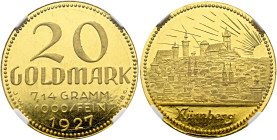 NÜRNBERG, Stadt. 20 Goldmark (7.13g). 1927, Nürnberg. Prägungen des Nürnberger Goldschmieds Josef Wild. Wertangabe, Feinwert und Jahreszahl / Stadtans...