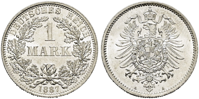 REICHSSILBERMÜNZEN. REICHSKLEINMÜNZEN. Mark (5.54g). 1887 A, Berlin. Wertangabe ...