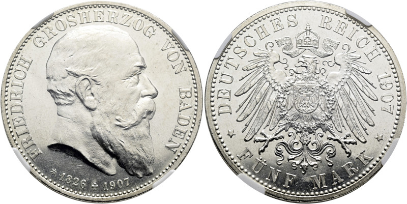 REICHSSILBERMÜNZEN. BADEN. Friedrich I., 1856-1907. 5 Mark (27.77g). 1907 (G), K...