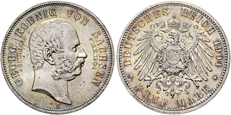 REICHSSILBERMÜNZEN. SACHSEN. Georg, 1902-1904. 5 Mark (27.78g). 1904 E, Muldenhü...