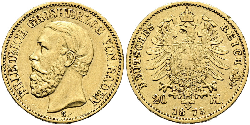 REICHSGOLDMÜNZEN. BADEN. Friedrich I., 1852-1907. 20 Mark (7.92g). 1873 G, Karls...