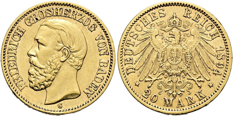 REICHSGOLDMÜNZEN. BADEN. Friedrich I., 1852-1907. 20 Mark (7.93g). 1894 G, Karls...