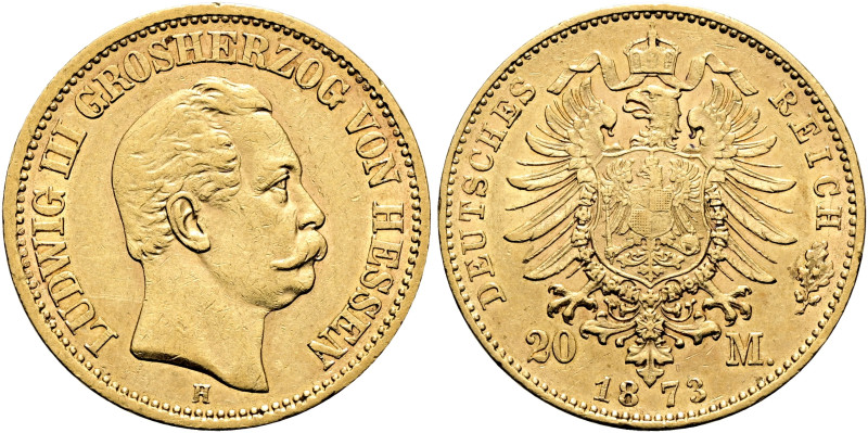 REICHSGOLDMÜNZEN. HESSEN. Ludwig III., 1848-1877. 20 Mark (7.93g). 1873 H, Darms...