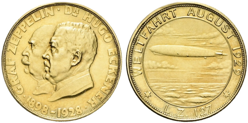 WEIMARER REPUBLIK. Goldmedaille (6.58g). 1929, von J. Bernhart. Auf die Weltfahr...