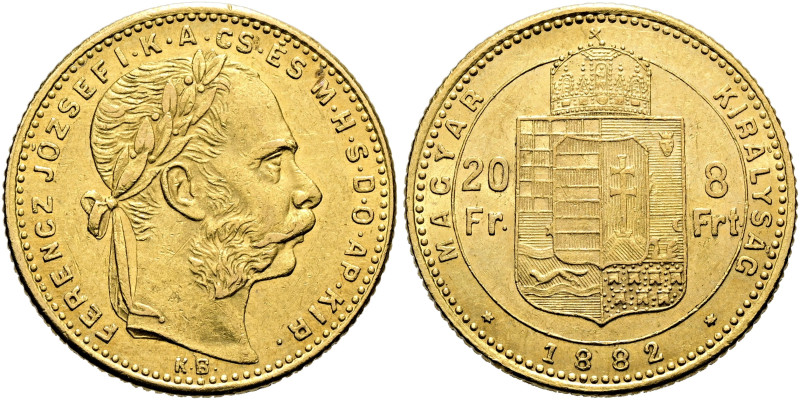 HABSBURGER BIS 1866. Franz Josef, 1848 - 1916. 20 Francs (zu 8 Forint) (6.43g). ...