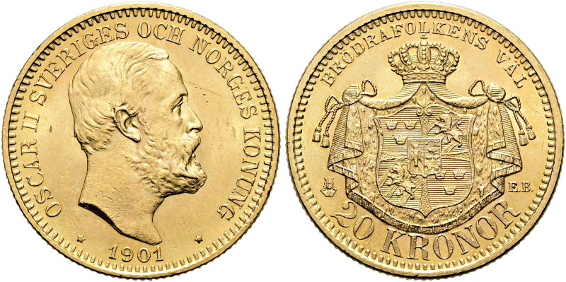 SCHWEDEN. Oskar II., 1872 - 1907. 20 Kronen (8.96g). 1901 EB, Stockholm. Büste n...