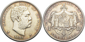 HAWAII. KÖNIGREICH. Kalakaua I., 1874 - 1891. 1 Dollar (Akahi Dala) (26.65g). 1883, San Francisco. Kopf nach rechts, darunter Jahreszahl / Gekrönter W...