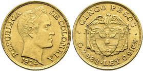 KOLUMBIEN. Republik, seit 1886. 5 Pesos (7.96g). 1924 B, Bogota. Kopf nach rechts, darunter Jahreszahl / Adler auf Wappenschild, darunter Münzzeichen ...