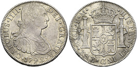 MEXIKO. Karl IV. von Spanien, 1788 - 1808. 8 Reales (26.73g). 1792 Mo-FM, Mexiko Stadt. Antikisierend geharnischtes und drapiertes Brustbild mit Lorbe...