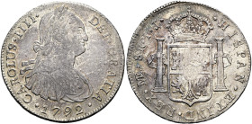 PERU. Karl IV. von Spanien, 1788 - 1808. 8 Reales (26.76g). 1792 ME-IJ, Lima. Antikisierend geharnischte und drapierte Büste mit Lorbeerkranz nach rec...
