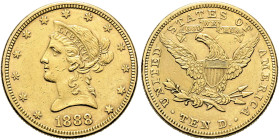 VEREINIGTE STAATEN (USA). 10 Dollar (16.69g). 1888, Philadelphia. Typ "Liberty Head". Büste nach links, umgeben von 13 Sternen, unten Jahreszahl / Adl...