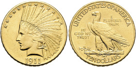 VEREINIGTE STAATEN (USA). 10 Dollar (16.70g). 1911, Philadelphia. Sogenannter "Indian Head". Kopf nach links, darunter Jahreszahl / Adler nach links, ...