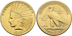 VEREINIGTE STAATEN (USA). 10 Dollar (16.70g). 1912, Philadelphia. Typ "Indian Head". Kopf nach links, darunter Jahreszahl / Adler nach links, darunter...