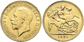 SÜDAFRIKA. George V., 1910 - 1936. Sovereign (7.97g). 1931 SA, Pretoria. Kopf nach links, im Halsabschnitt vertiefte Signatur / Heiliger Georg zu Pfer...