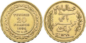 TUNESIEN. UNTER FRANZÖSISCHEM PROTEKTORAT. Mohammed el Hadi Bei, 1902-1906. 20 Francs (6.43g). 1904 (AH 1322) A, Paris. Wertangabe und Jahreszahl in v...