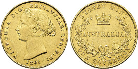 AUSTRALIEN. Viktoria, 1837 - 1901. Sovereign (7.98g). 1861, Sydney. Typ "Young Head". Belorbeerte Büste nach links, darunter Jahreszahl / Eine Zeile S...