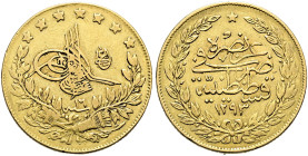 TÜRKEI. Abdul Hamid II., 1876 - 1909. 100 Kurush (7.14g). 1293/16 (1890 / 1891 AD), Konstantinopel. Thugra mit Rashad / Münzstätte und Antrittsjahr. R...