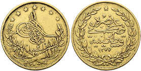 OSMANISCHES REICH. 'Abd al-Aziz, 1277 - 1293 a.H. (1861 - 1876 AD). 100 Kurusch (7.20g). 1277/2 a.H. (1862 AD), Konstantinopel. Tughra über gekreuzten...