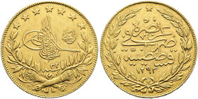 OSMANISCHES REICH. 'Abd al-Hamid II., 1293 - 1327 H. (1876 - 1909). 100 Kurusch (7.21g). 1293 AH / Jahr 32, Qustantiniya (Konstantinopel/Istanbul). Th...