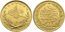 OSMANISCHES REICH. Muhammad V., 1327 - 1336 a.H. (1909 - 1918 AD). 100 Kurusch (7.21g). 1327/5 a.H. (1913 AD), Konstantinopel. Tughra mit Rashad über ...