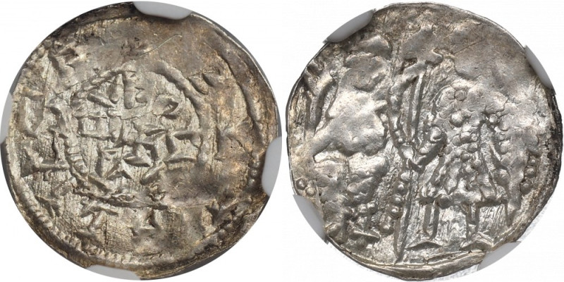 Poland, Bolislaus III, Denarius, Cracow - NGC MS62 Rzadki typ denara z PODWÓJNYM...