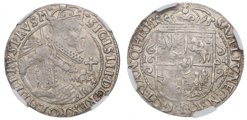 Sigismund III, 18 groschen 1624, Bromberg - NGC AU55 Piękny, okołomenniczy egzem...