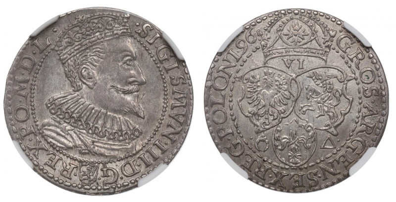 Sigismundus III, 6 groschen 1596, Marienburg - NGC AU58 Piękny egzemplarz szósta...