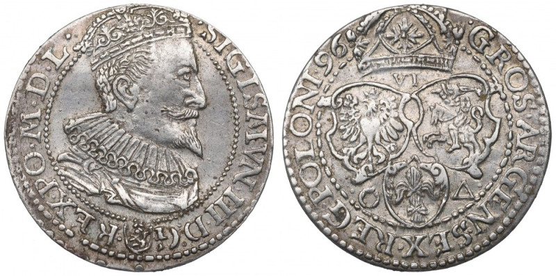 Sigismund III, 6 groschen 1596, Marienburg Ładny egzemplarz z pierwszego rocznik...