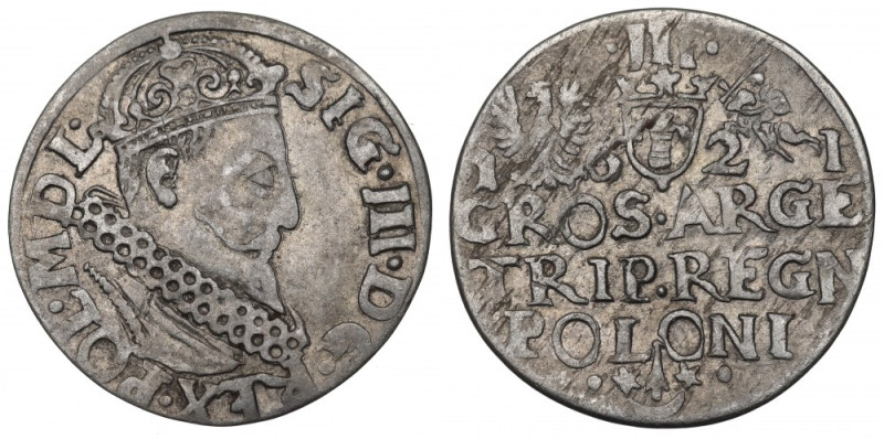 Sigismund III, 3 groschen 1621, Cracow Ładny przykład trojaka krakowskiego. 
Re...