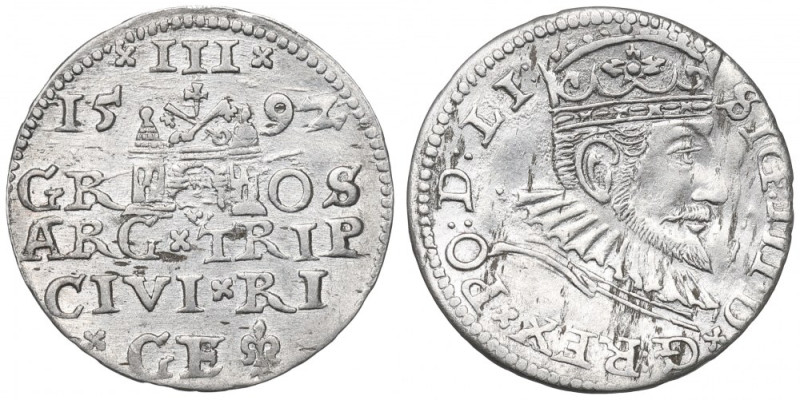 Sigismund III, 3 groschen 1592, Riga Bardzo ładny trojak ryski. Wady blachy. Awe...