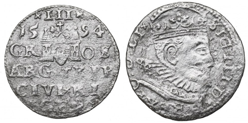 Sigismund III, 3 groschen 1594, Riga Czytelny egzemplarz. Nieopisany u Igera war...