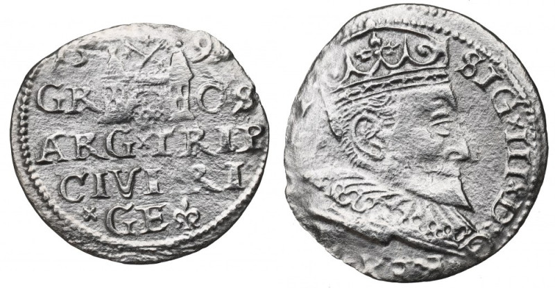 Sigismund III, 3 groschen 159(?), Riga Obiegowy przykład trojaka ryskiego. 
Gra...