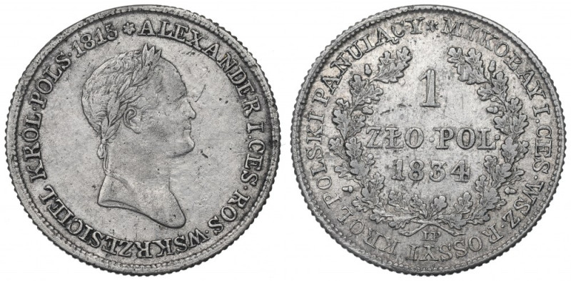 Kingdom of Poland, Nicholas I, 1 zloty 1834 IP Ładny egzemplarz z dobrze zachowa...