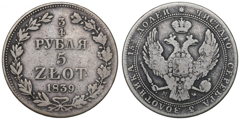 Poland under Russia, Nicholas I, 3/4 rouble=5 zloty 1839 Warsaw Obiegowy egzempl...