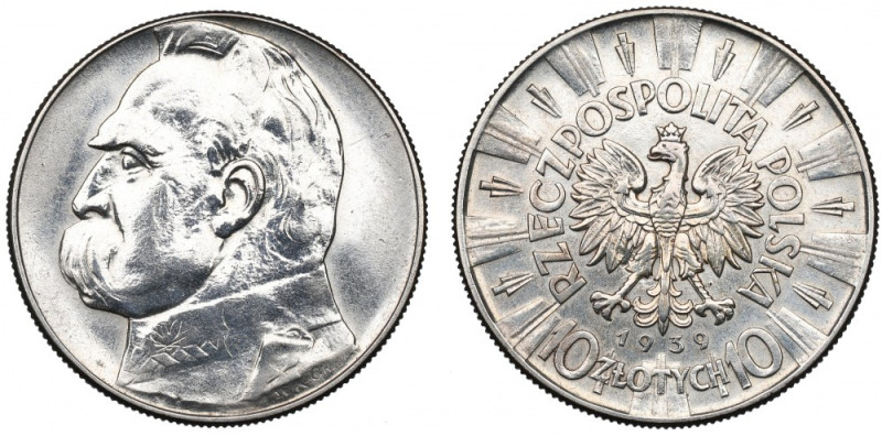 II Republic of Poland, 10 zloty 1939 Pilsudski Ładnie zachowane detale. Wybłyszc...