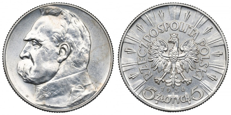 II Republic of Poland, 5 zloty 1936 Pilsudski Piękny, okołomenniczy egzemplarz. ...