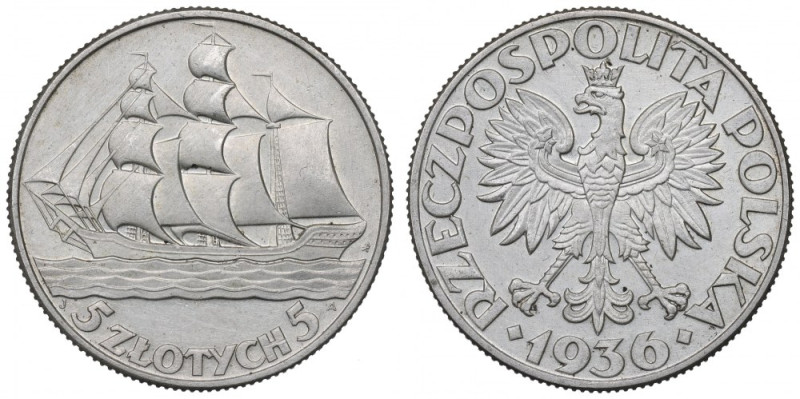 II Republic of Poland, 5 zloty 1936 Ship Ładnie zachowane detale. Nieświeżości t...