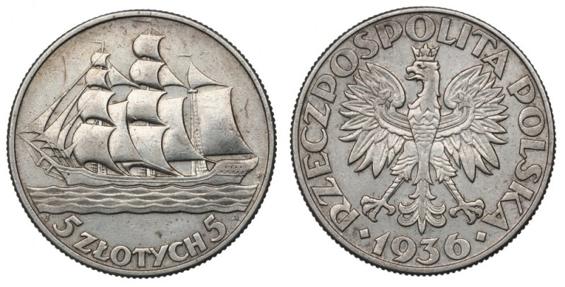 II Republic of Poland, 5 zloty 1936 Ship Ładnie zachowane detale. Nieświeżości t...