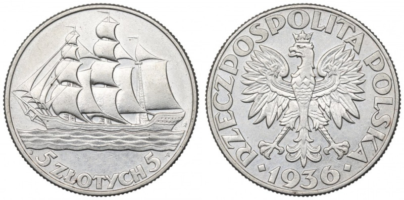 II Republic of Poland, 5 zloty 1936 Ship Egzemplarz o ładnie zachowanych detalac...