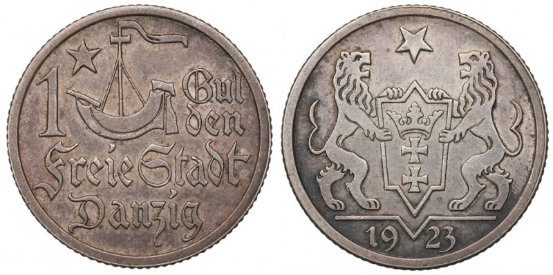 Free City of Danzig, 1 gulden 1923 Ładnie zachowany przykład guldena. Skazy i ni...