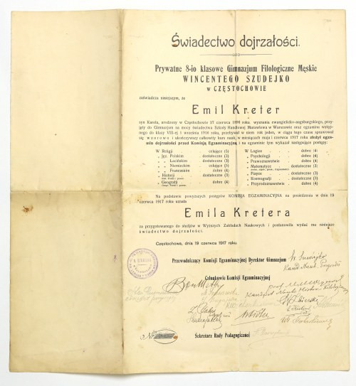 Polska, Świadectwo dojrzałości Częstochowa Wystawione dla Emila Kretera - piłkar...
