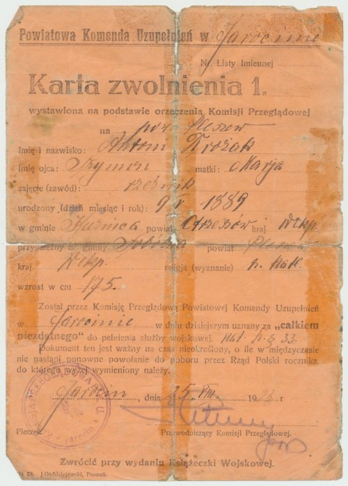 II RP, Karta zwolnienia PKU Jarocin 1923 Ciekawy wczesny dokument. Stan zachowan...