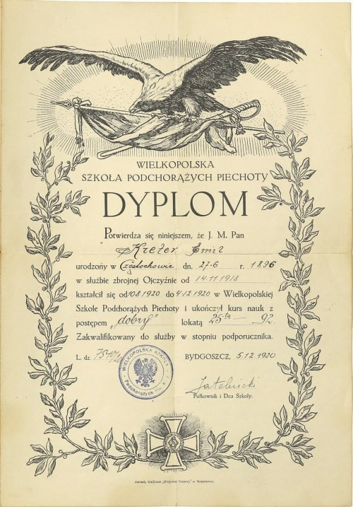 II RP, Dyplom ukończenia Wielkopolskiej Szkoły Podchorążych Piechoty 1920 Bardzo...